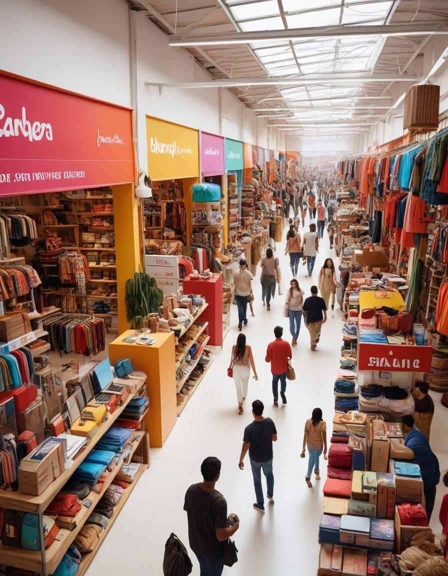 A vibrant online marketplace scene depicting a diverse group of shoppers exploring a colorful, digital landscape filled with enticing bargains and deals. Showcase products like electronics, clothes, and crafts, with price tags prominently displayed. Include hints of Paraguayan culture, such as traditional motifs or landmarks, to add a unique touch. The atmosphere should feel lively and inviting, encouraging viewers to seek out the best deals. super-realistic. vibrant colors. white background.