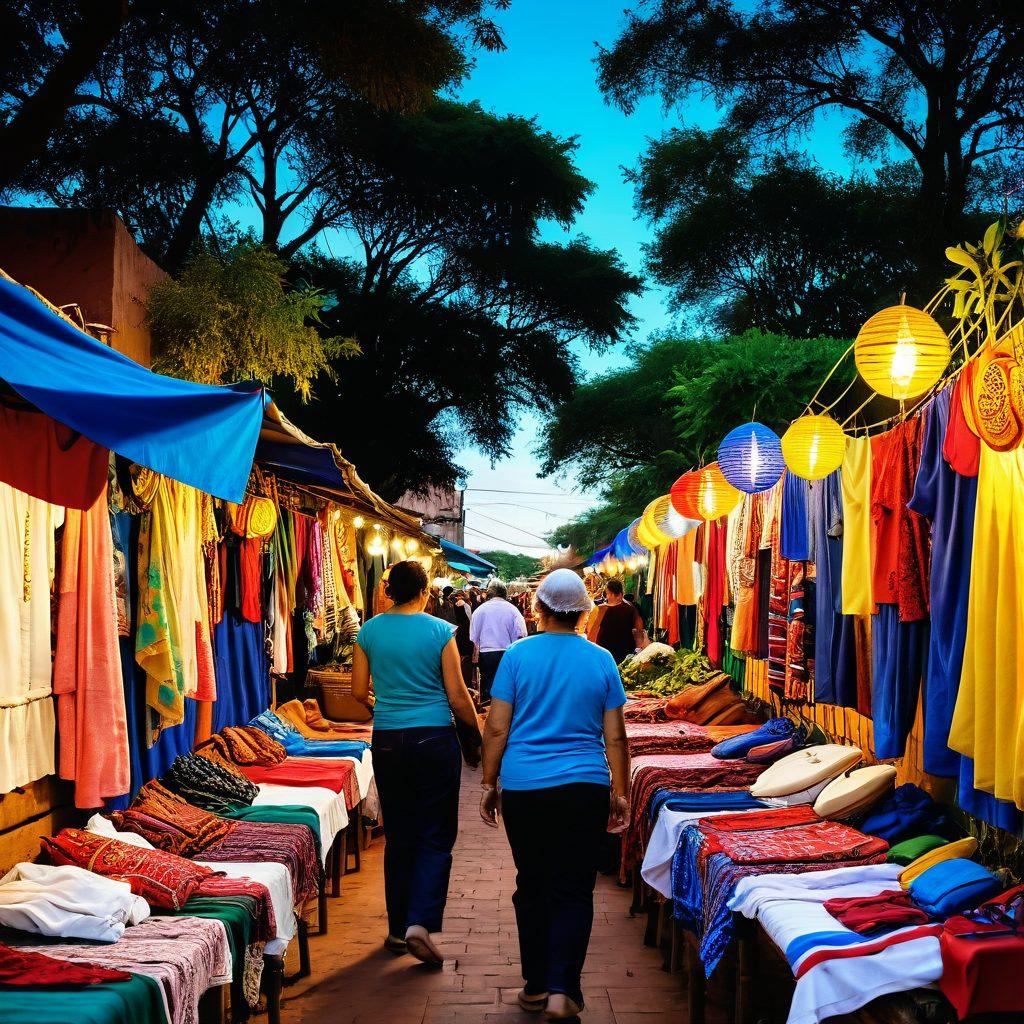 A vibrant marketplace scene showcasing unique Paraguayan crafts, textiles, and local delicacies. Include cheerful shoppers exploring colorful stalls filled with handmade goods, traditional musical instruments, and rich cultural artifacts. The setting should reflect the warmth of Paraguayan culture with lush greenery in the background and a bright blue sky. Capture the essence of local treasures and the joy of discovering them online. super-realistic. vibrant colors. 3D.